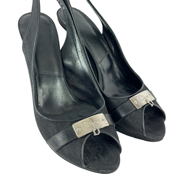 DIOR Black Monogram Canvas Open Peep Toe Logo Plaque Heels 39.5 - 9.5 - Picture 5 of 13